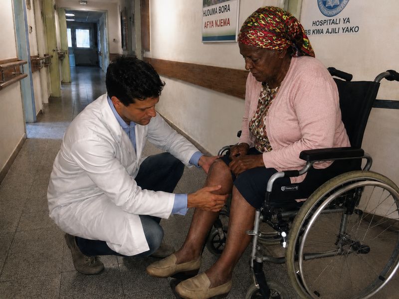 Dr. James Kariuki examines a patient’s knee in the nursing home